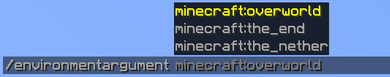 An environment argument with the suggestions minecraft:overworld, minecraft:the_end and minecraft:the_nether