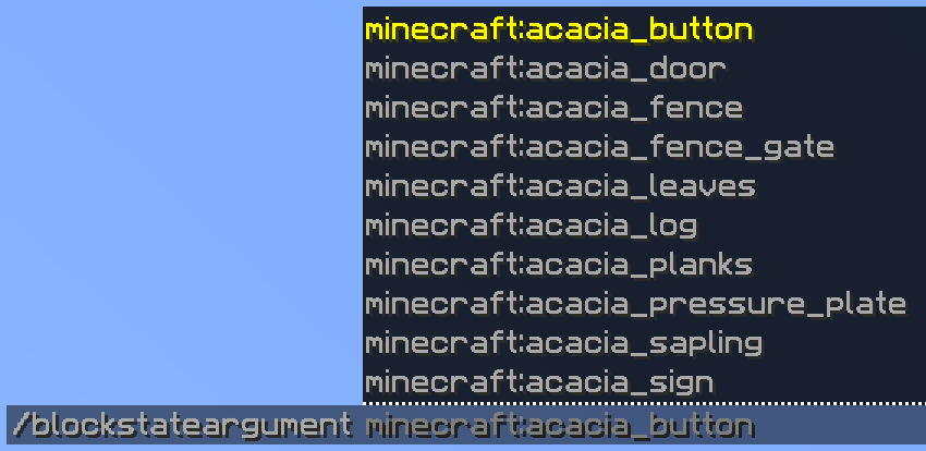 A block state argument with suggestions for Minecraft items