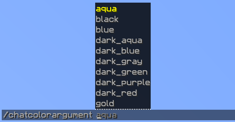 Chatcolor argument in-game, displaying a list of Minecraft chat colors