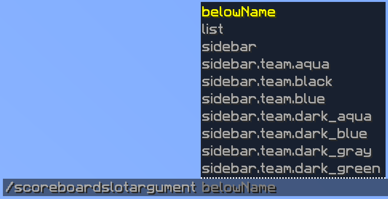 A scoreboardslotargument showing a list of suggestions of valid Minecraft scoreboard slot positions