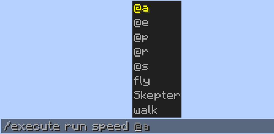 A command "/execute run speed" with argument suggestions for entity selectors, as well as "fly" and "walk"