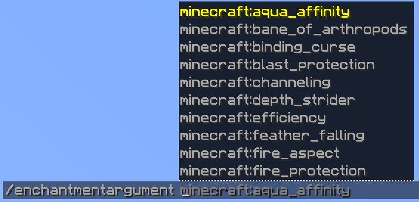 An enchantment argument suggesting a list of Minecraft enchantments