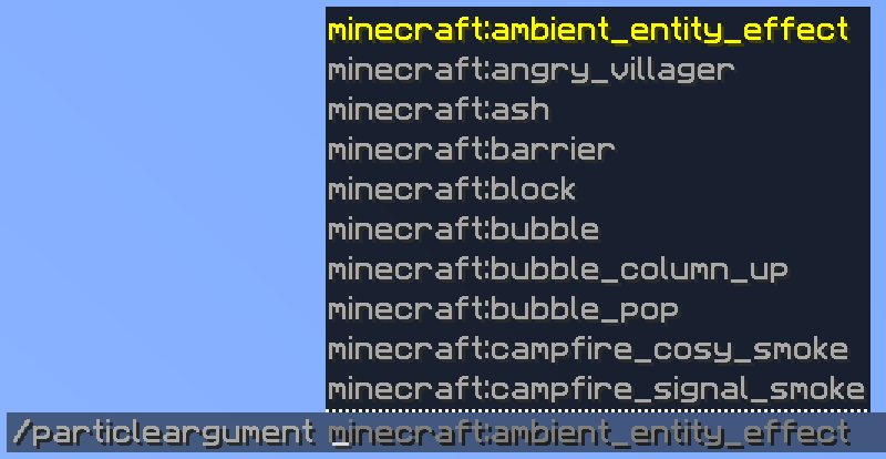 A particle argument suggesting a list of Minecraft particle effects