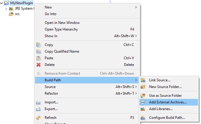 An image of some context menu entries in Eclipse after right clicking a project. Displays the highlighted options "Build Path", followed by "Add External Archives..."