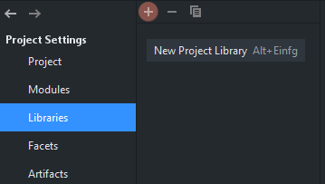 An image in IntelliJ showing the plus icon to add an external .jar.