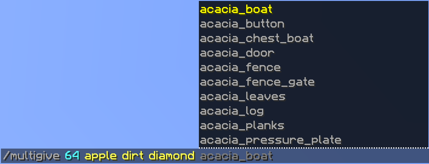 A list argument with the command "/multigive @p stone grass_block dirt" and Minecraft suggestions with a list of Minecraft items