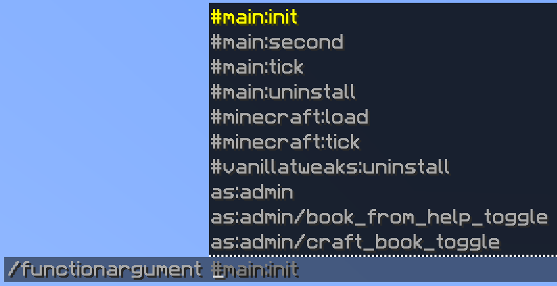 An image of a function argument showing a list of Minecraft functions and tags that are available to run