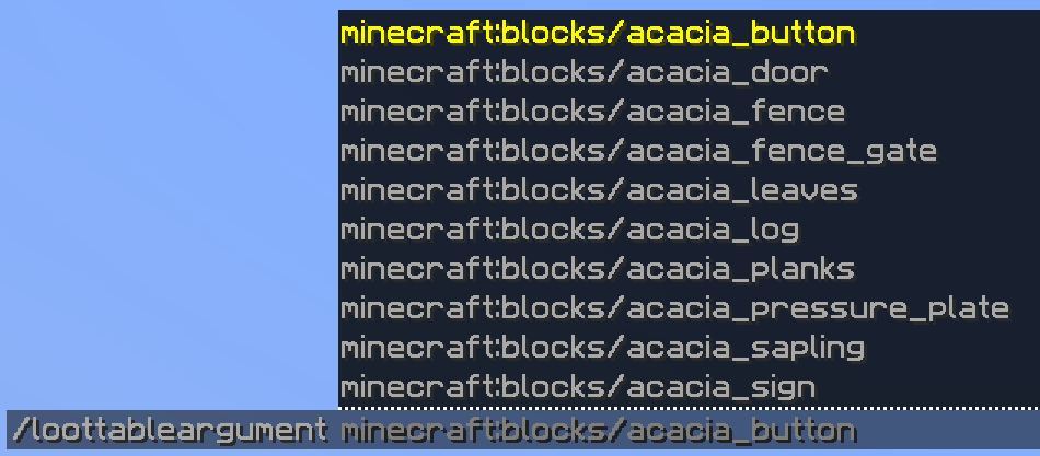 A loot table argument showing a list of Minecraft loot tables as suggestions
