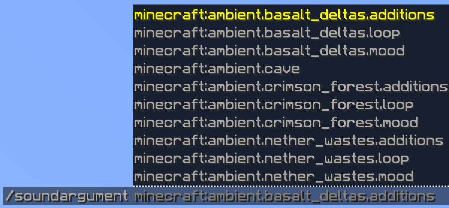 A sound argument command with a list of Minecraft sounds as suggestions