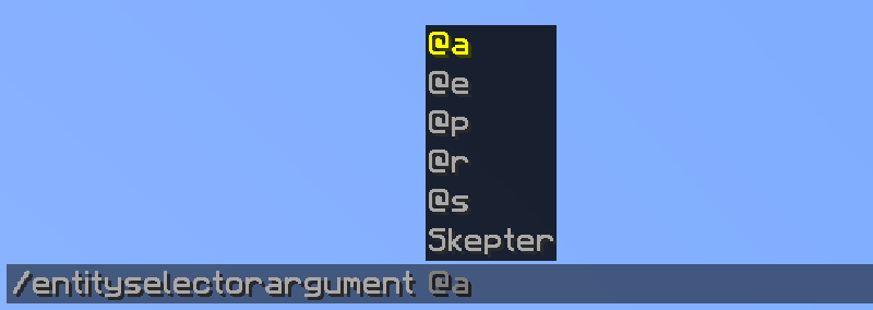 An image of an entity selector argument with a list of suggestions including entity selectors and a player name