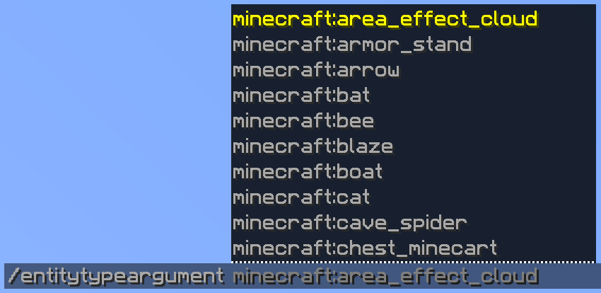 An image of an entity argument displaying a list of entity type suggestions