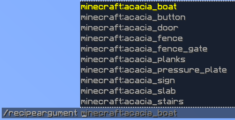A recipe argument command with the suggestions for Minecraft items